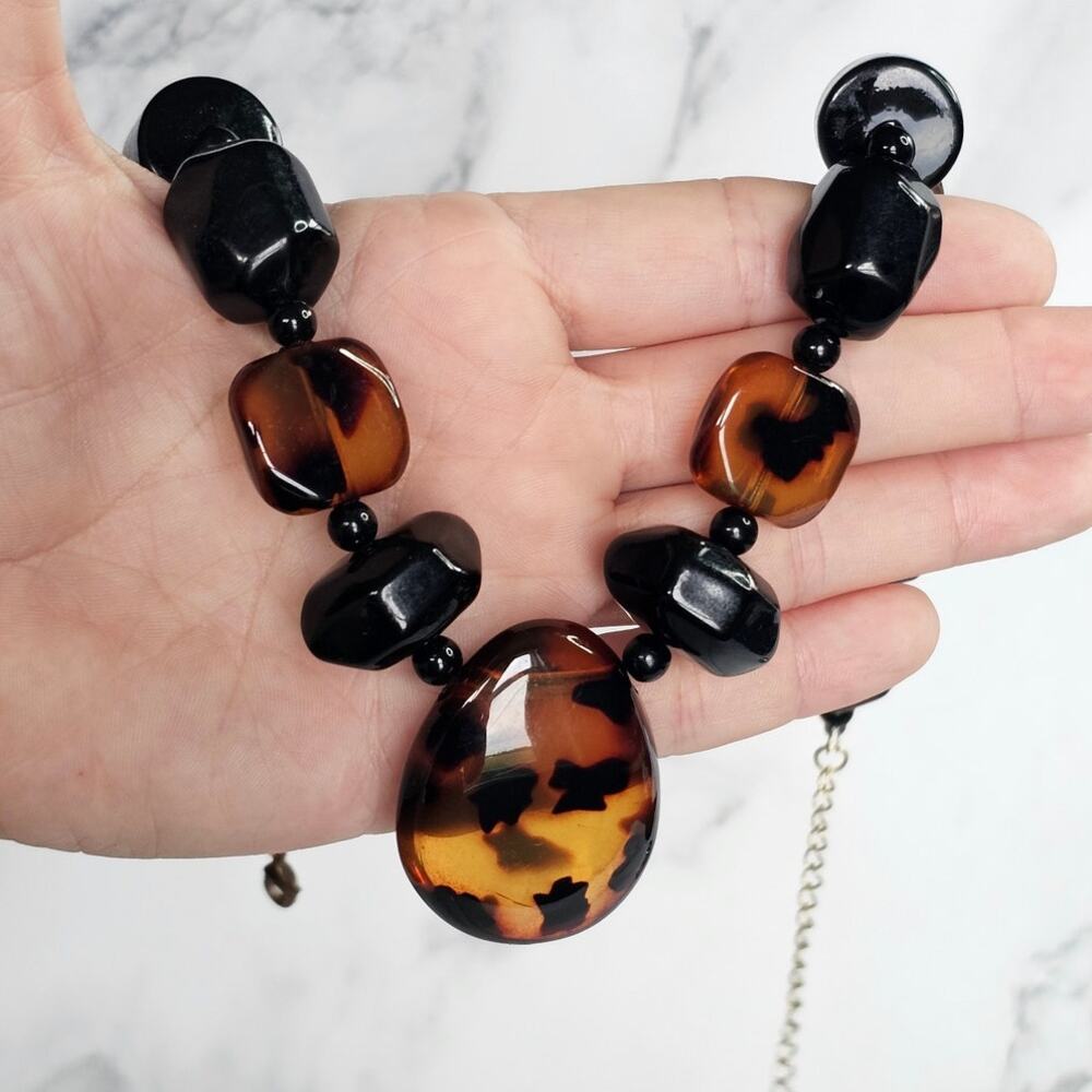 Vintage Tortoiseshell Look Black Bead Statement Necklace
